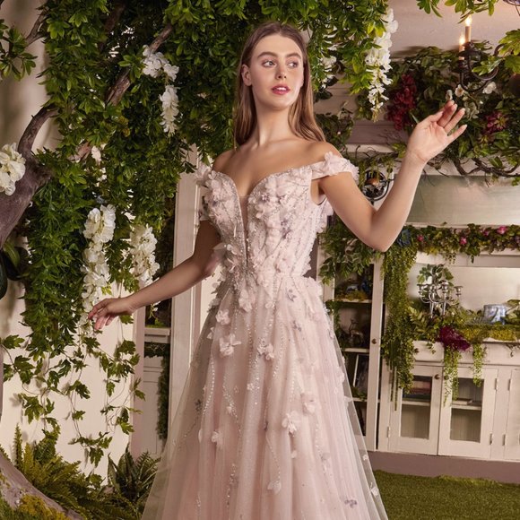 NEW LONG OFF THE SHOULDER SLEEVELESS BALL GOWN WITH FLORAL APPLIQUE AL A1041